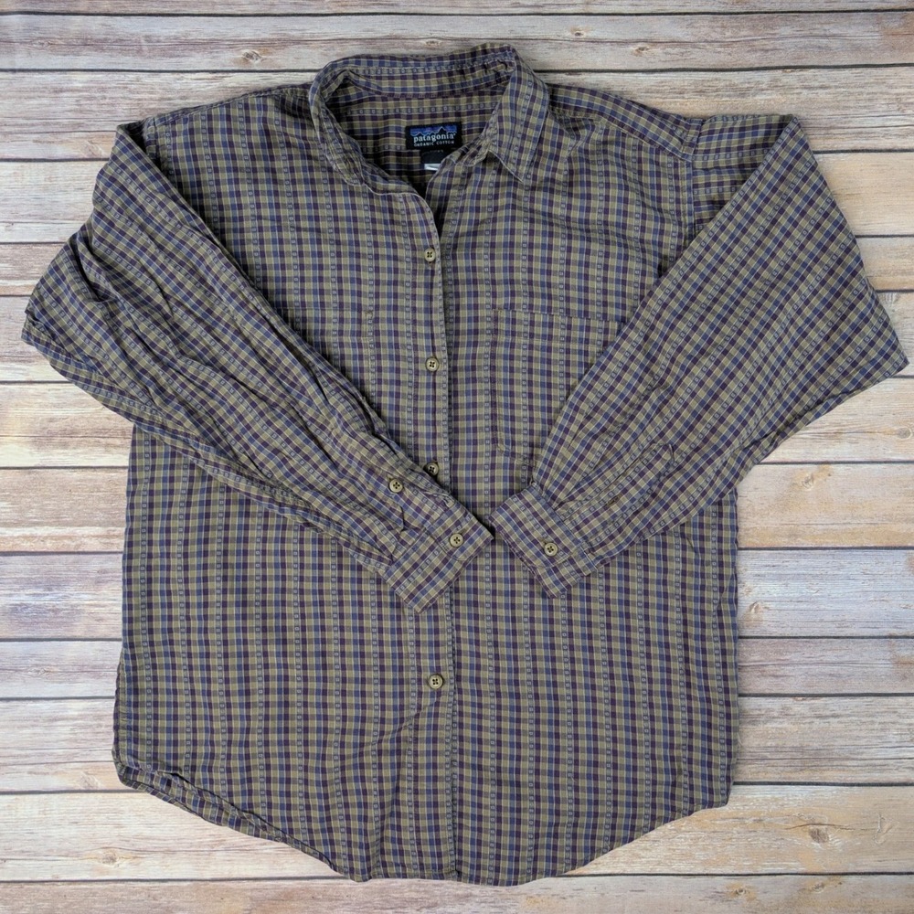 Vtg 90s Patagonia Organic Cotton Shirt Large Purple Green Plaid Button Up Y2K